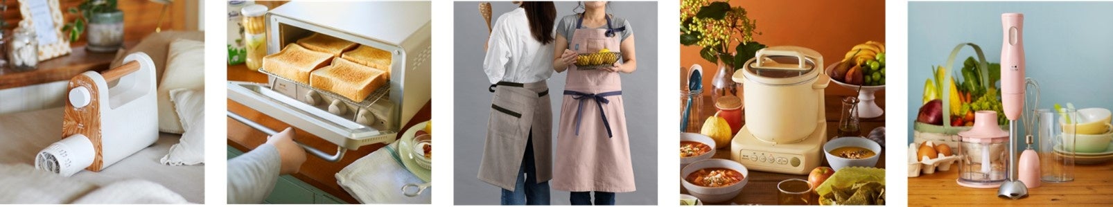 ※左から、1位.マルチふとんドライヤー、2位.スチーム＆ベイク トースター、3位.スイッチロン キッチンエプロン&nbsp; &nbsp;4位.スープクックプロセッサー、5位.マルチスティックブレンダー