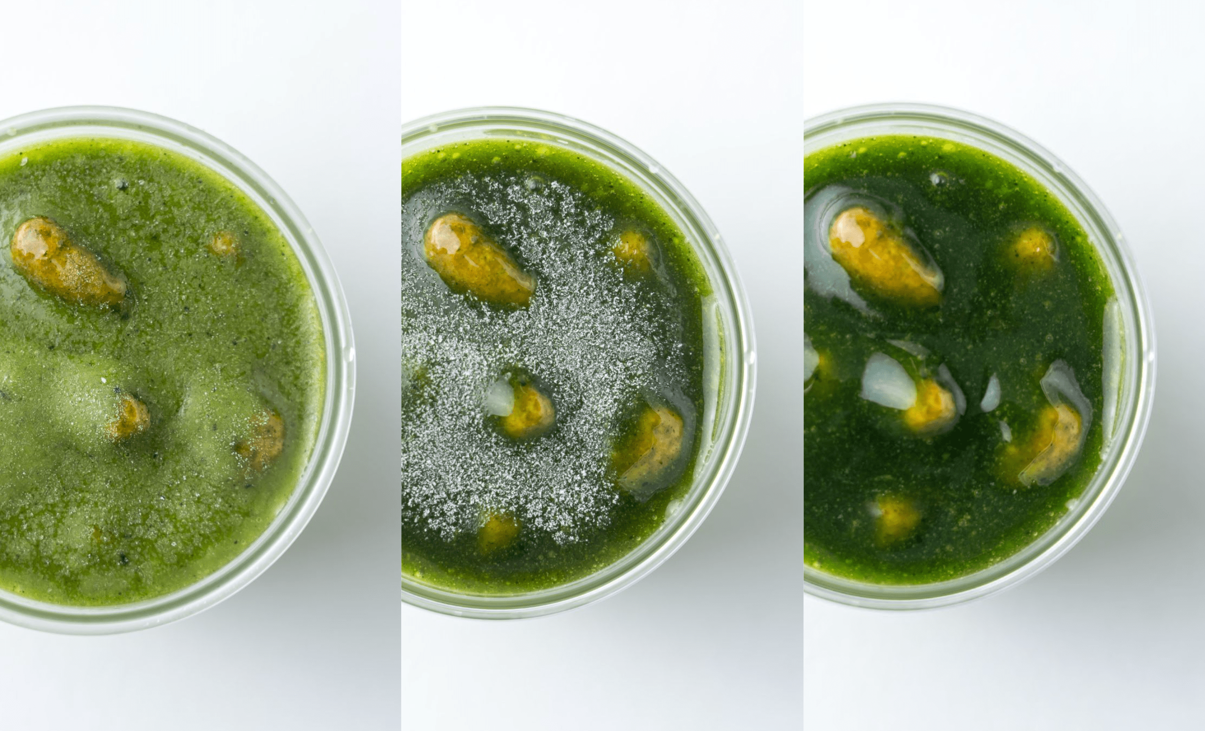 左)冷凍庫から出してすぐ。中央)7分後。縁から少しずつ解けてきます。右)15分後。表面に透明感が出たら食べごろです。