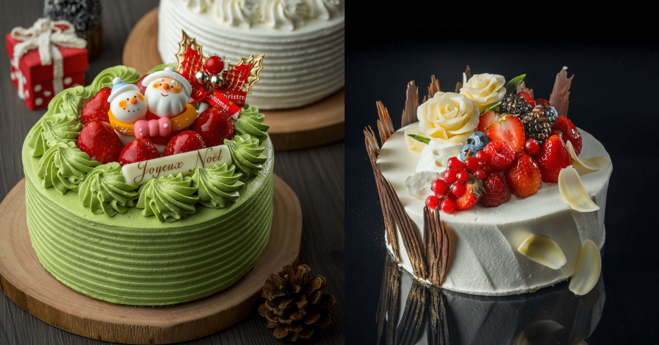 左）サンタのクリスマスケーキ、右）プレミアムクリスマスケーキ