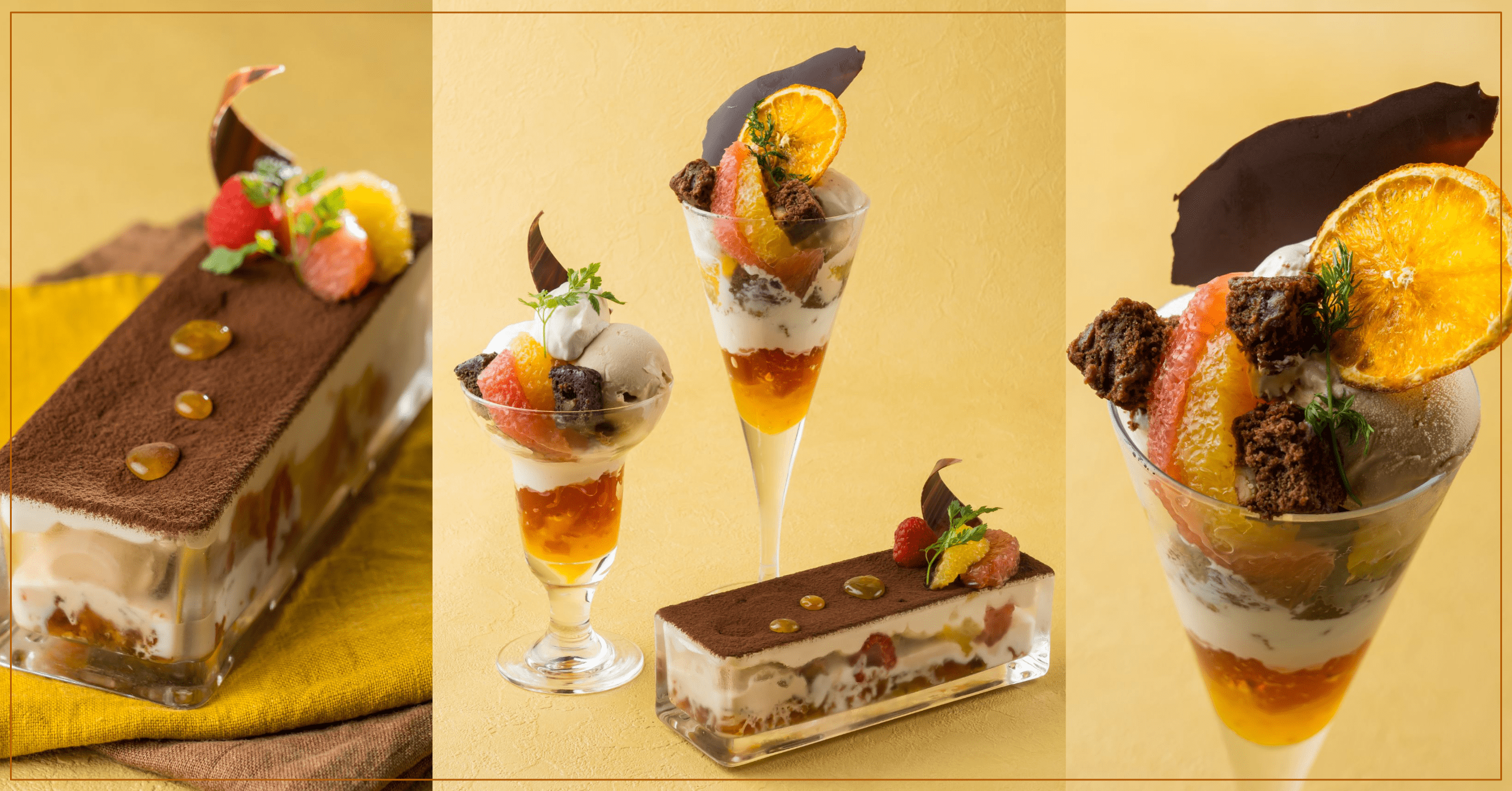 中央）各店の「アールグレイとショコラブラウニーパフェ」右）林屋茶園 左）日比谷 林屋新兵衛