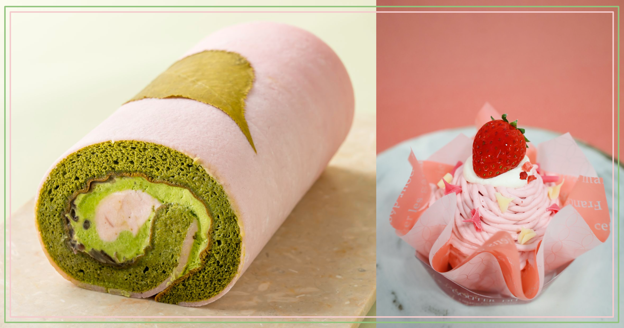 左）桜の抹茶ロールケーキ 右）晴海直売所限定「春待ちいちごのモンブラン」