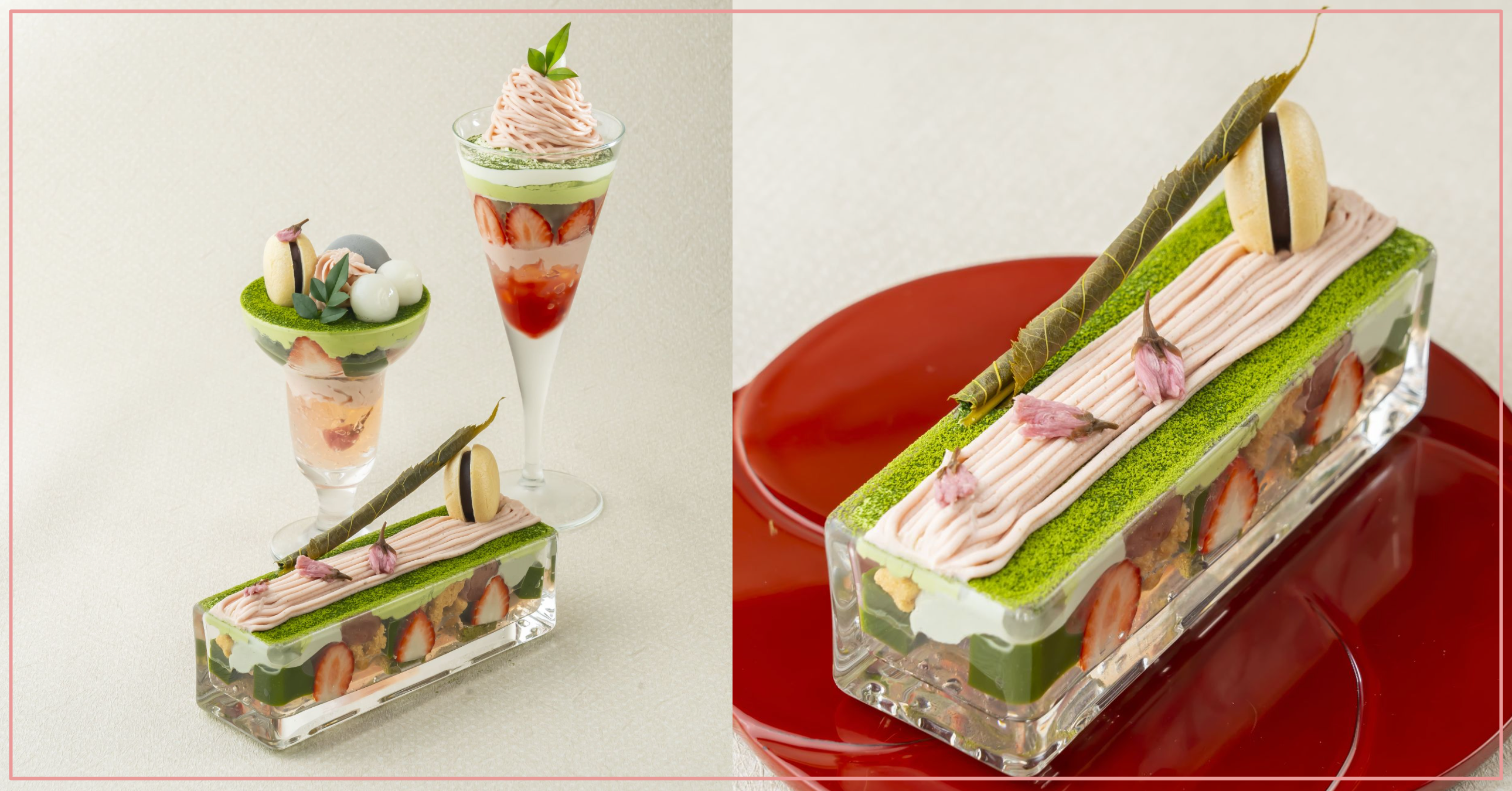 左）各店の個性を反映させたパフェで、桜と宇治抹茶の組み合わせを楽しむ。 右）桜の花と葉が添えられた 日比谷 林屋新兵衛の「春風かおる 桜パフェ」。