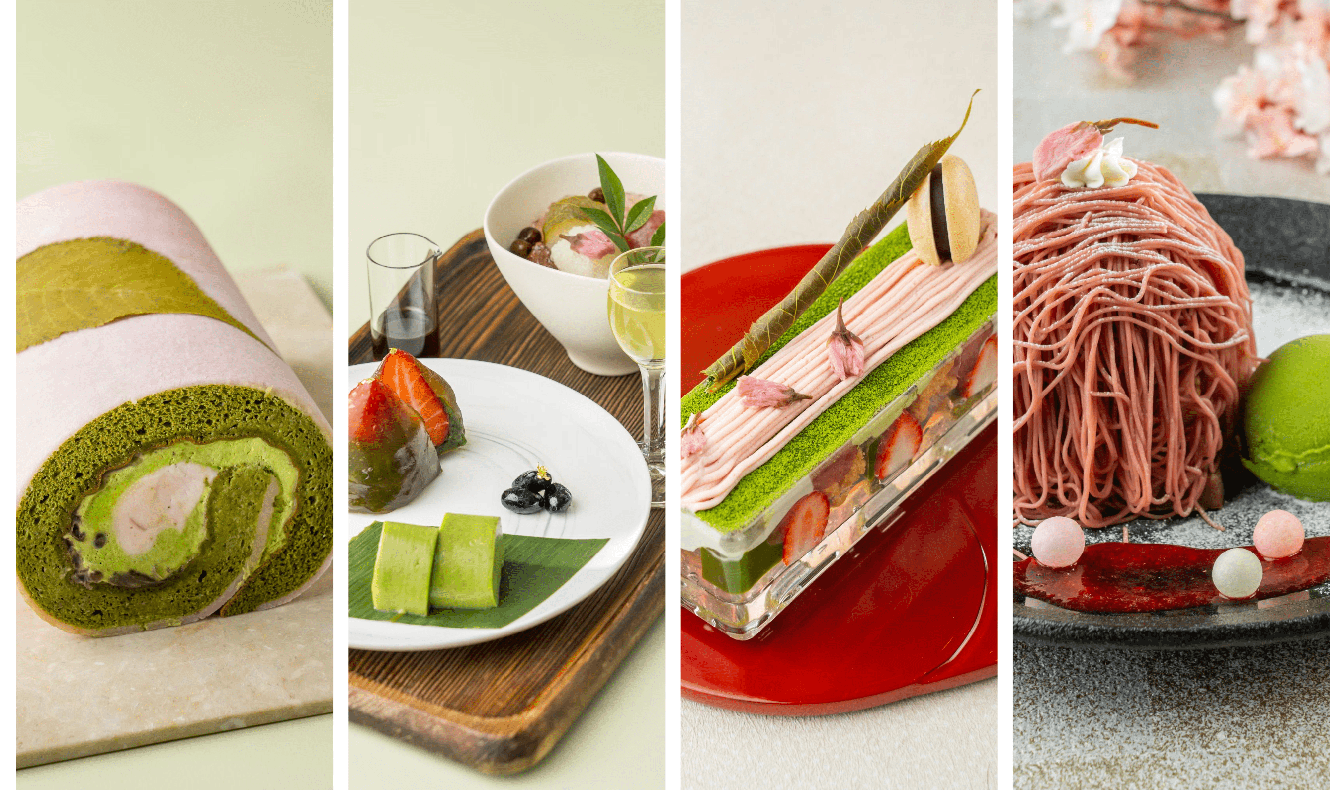 左から）桜の抹茶ロールケーキ、和スイーツ懐石、春風かおる 桜パフェ、和もんぶらん桜