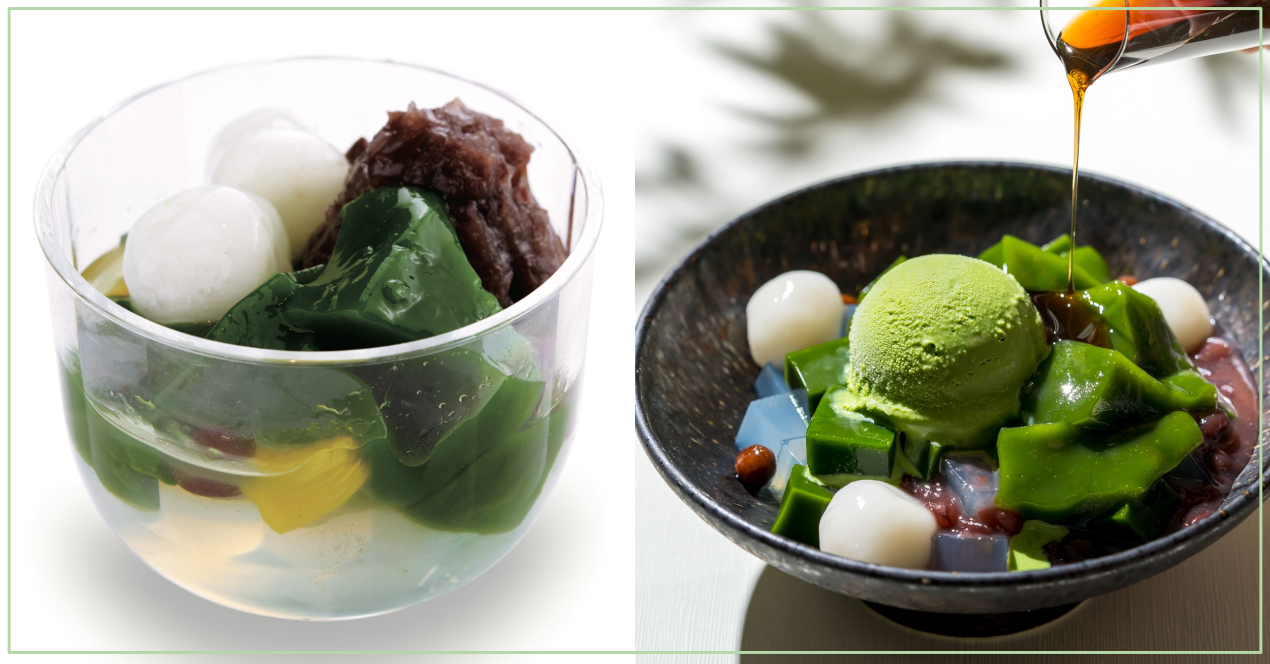 左)カップで手軽に「林屋あんみつ」。右)和スイーツメニュー人気No.1「抹茶わらび餅あんみつ」