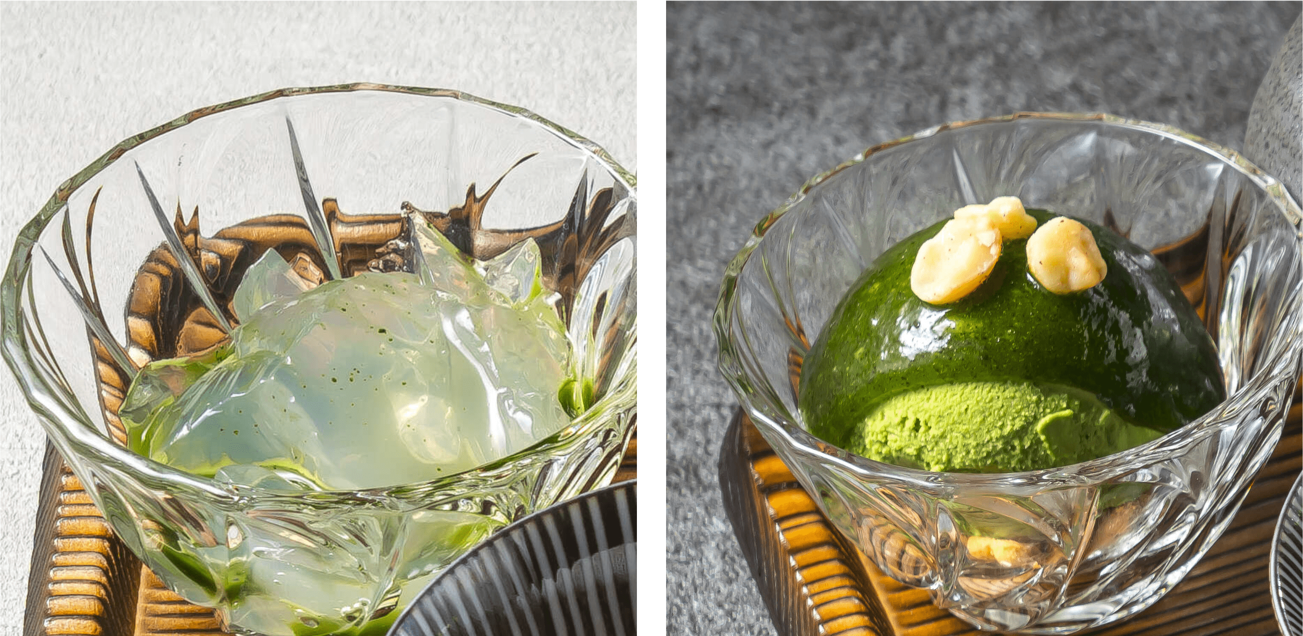 左)平日限定「翡翠(ひすい)」。右)祝休日限定「餅とアイス」