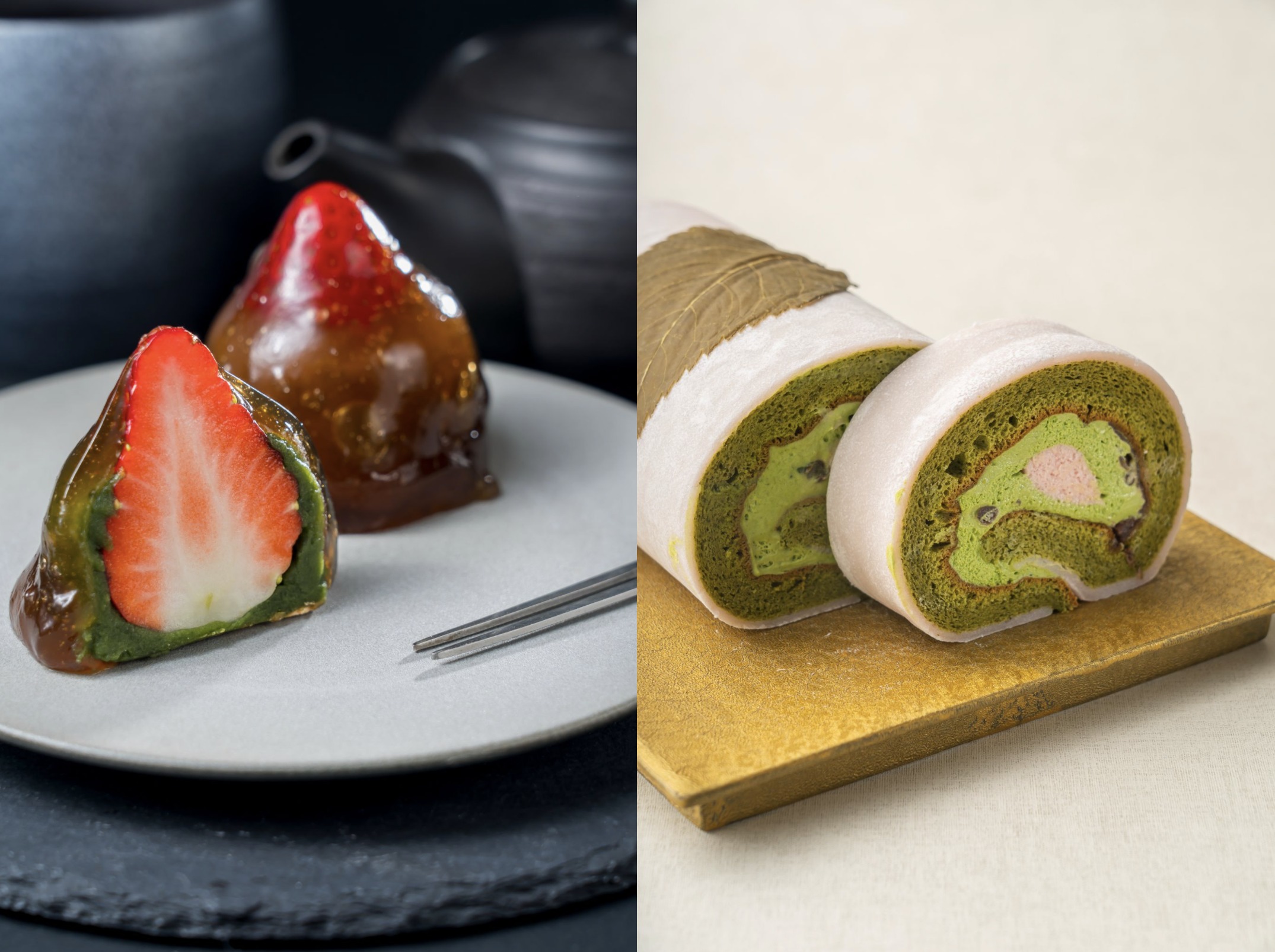 左）いちご琥珀餅、右）桜の抹茶ロールケーキ