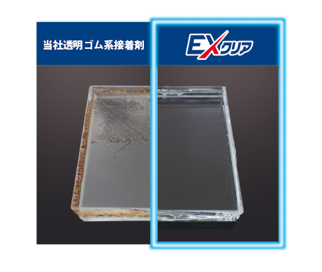 左：当社透明ゴム系接着剤、右：EXクリア。それぞれの接着剤でガラスを貼り合わせ、促進試験を行い経時による変色を比較。当社ゴム系接着剤では変色がみられた一方、ＥＸクリアは無色透明状態を保持していることがわかる。