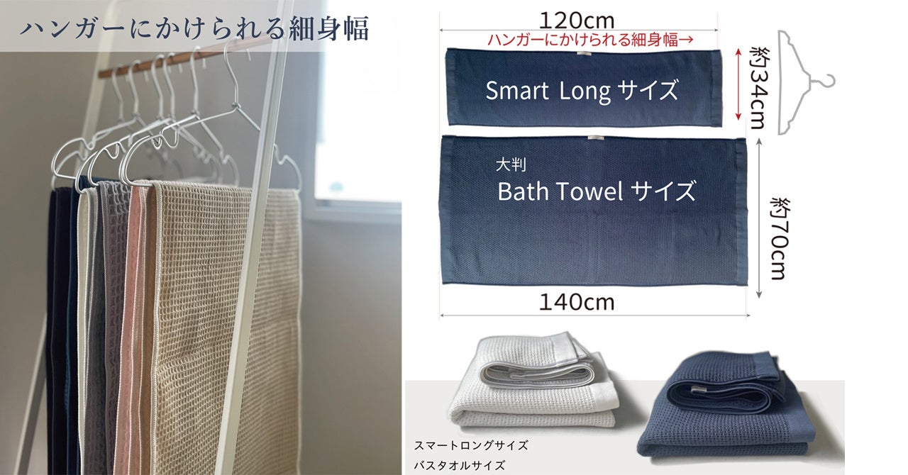 ＜斬新なサイズ＞幅：ハンガー干しにぴったりなサイズです。スマートロングサイズ３４幅×１２０cm  細身ながらも、ワッフル織の特性を活かして吸水性もばっちり。