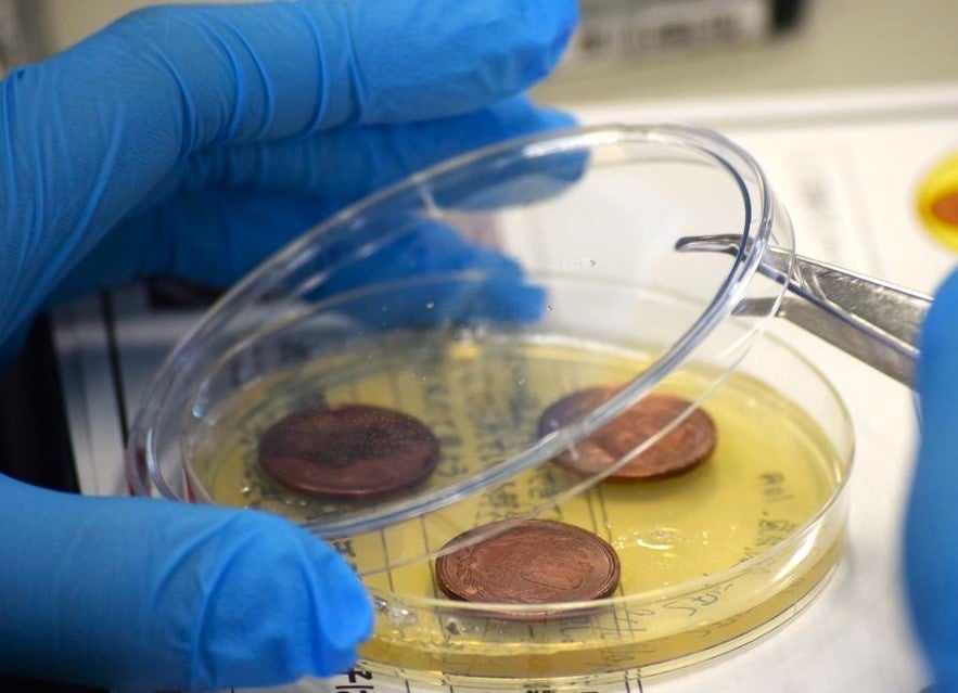 参加者は1円玉硬貨（銅の含有率0％）、5円玉硬貨（同60~70％）、10円玉硬貨（同95％）、100円玉硬貨（同75％）を使って実験を行いました。