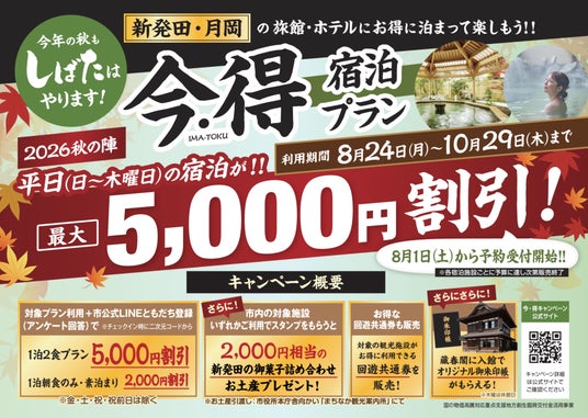 新発田・月岡温泉の旅館・ホテルが最大5,000円割引!「今・得キャンペーン2026【秋の陣】」8月1日(土)より予約受付開始 新発田・月岡温泉の旅館・ホテルが最大5,000円割引!「今・得キャンペーン2026【秋の陣】」8月1日(土)より予約受付開始
