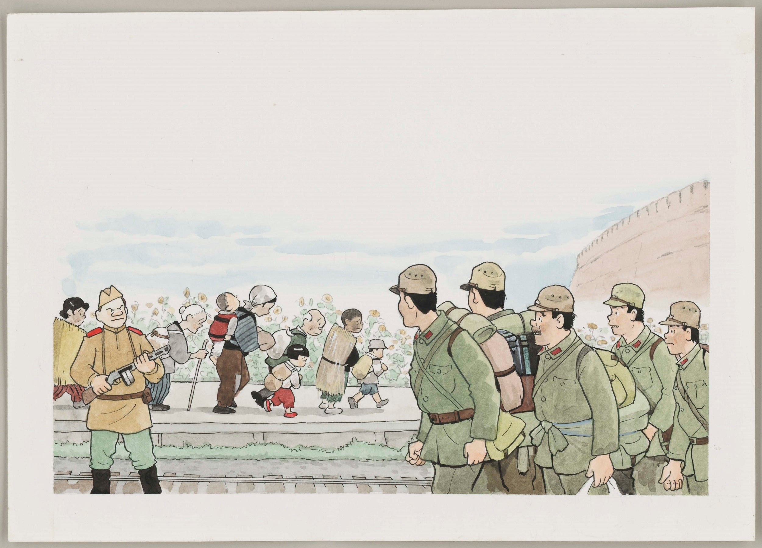 海外からの引揚げのコーナーに展示する「奥地から避難する婦女子」　斉藤邦雄 画(平和祈念展示資料館 所蔵)