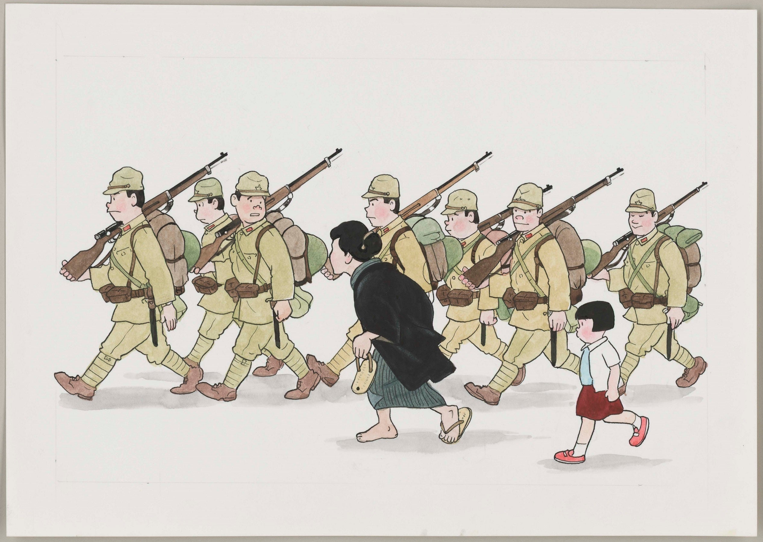 兵士のコーナーに展示する「戦地へ立つ日」　斉藤邦雄 画(平和祈念展示資料館 所蔵)