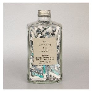 作品「duct Circulating Pro」／6,600円（税込み） 今回の展覧会の作品集「in LIFE」の印刷時に出たヤレと断裁時に出た紙を、シュレッダーにかけて細かくし、佐藤卓さんが29歳の時にデザインしたニッカウヰスキーの瓶に封入した作品です。