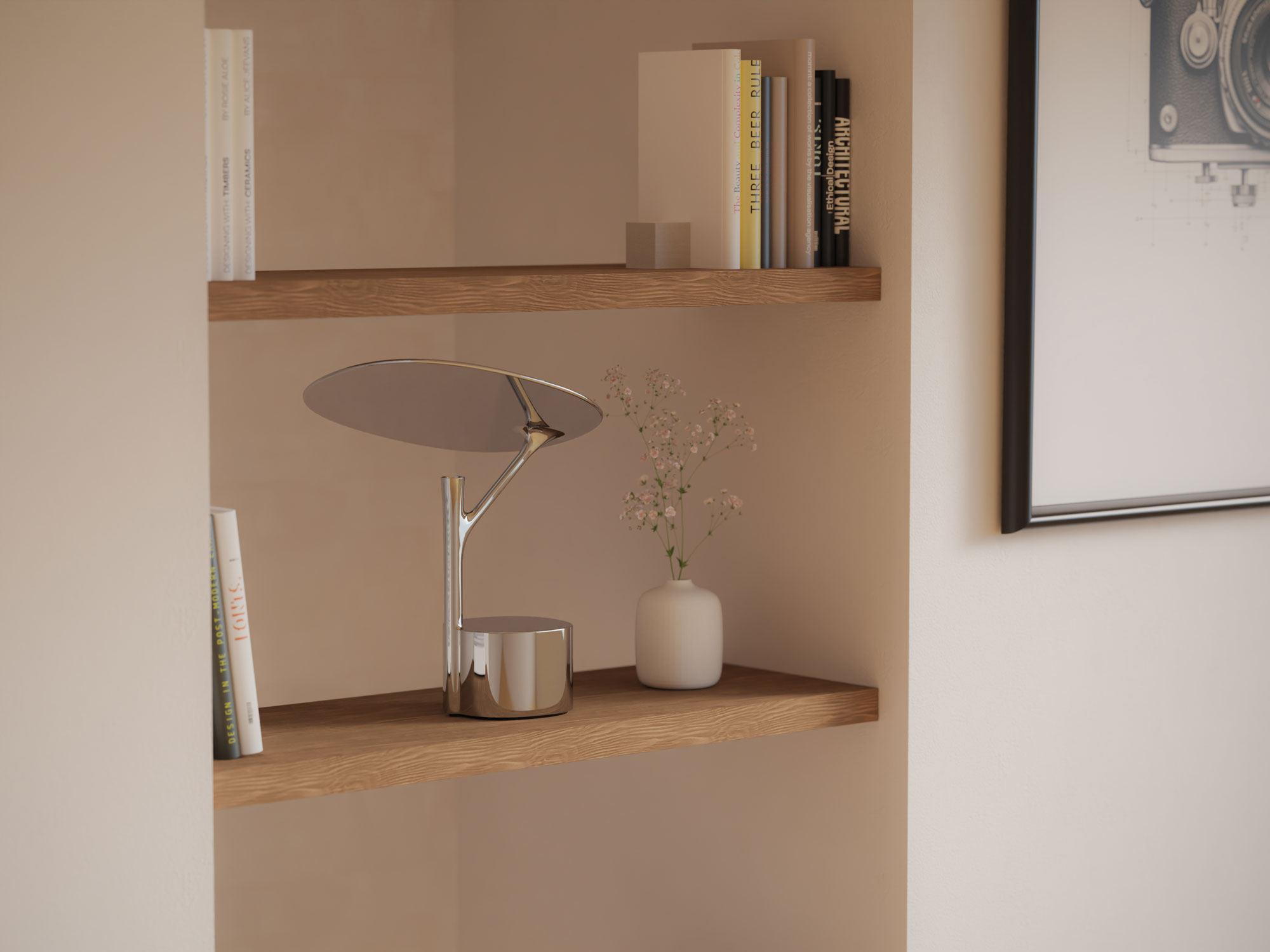 鏡面仕上げには環境負荷の低い塗装「スパッタリング」を採用。周りの環境を反射し投影することで消灯時にも存在を主張することなく自然光を反射する