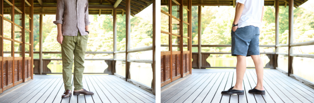 　　　麻シャツに合わせた大人の休日スタイル　　　　　　　　　近所の買い物や散歩でもさっと履いてきまる