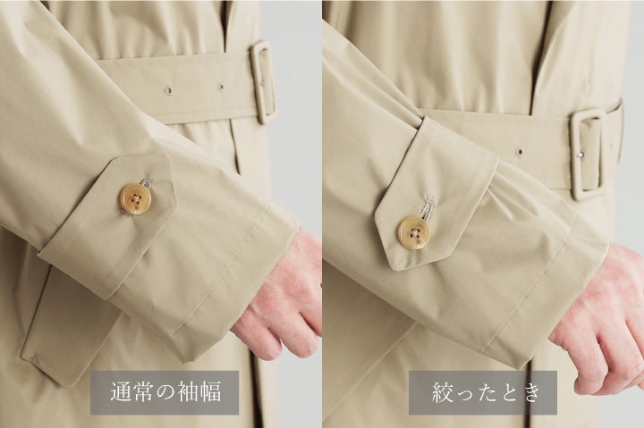 袖口のタブは、雨天時に水滴が入らないように、タブを反対側に回して袖口が絞れる仕様にしています。