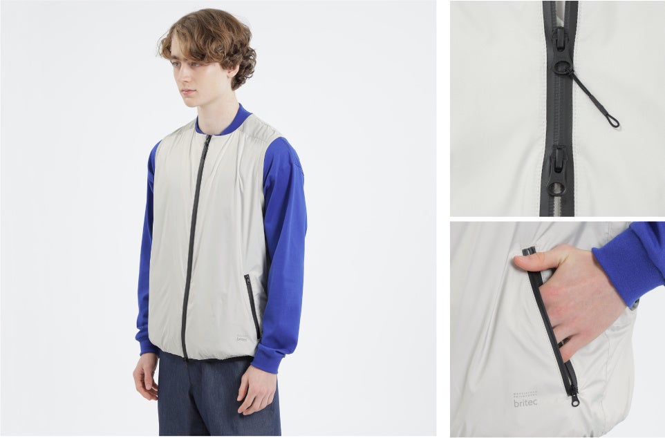 機能性を高めたノーカラーのベスト。袖がないので、デスクワークなどで細かく腕を動かす際にもストレスなく作業していただけます。トラベルシーンでも最適なデザインです。