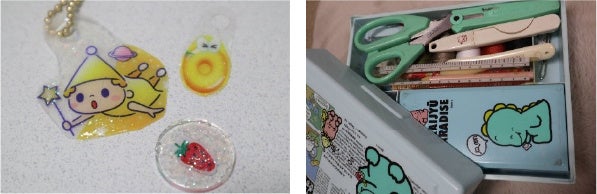 ［左］お菓子の袋を切って作ったキーホルダー［右］保護者の方から譲り受けた裁縫箱