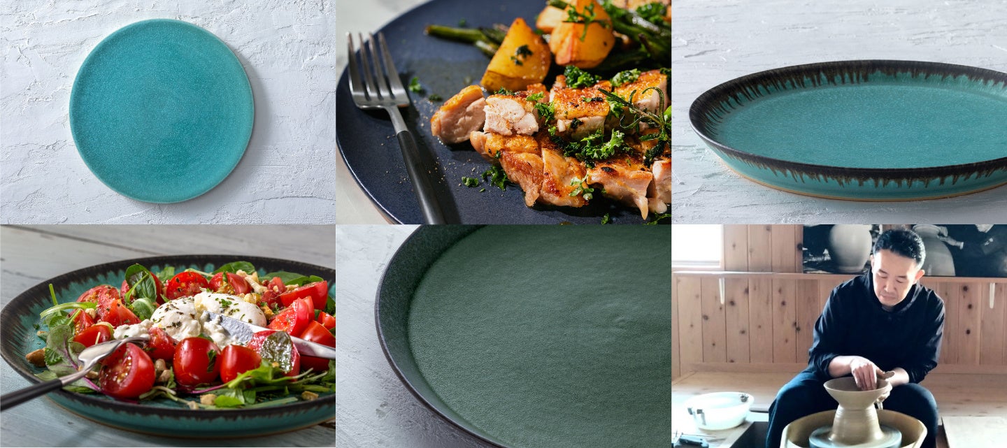 左上からターコイズブルー 28cm フラット、盛り付け例、ターコイズブルー 25cm フラット （リム45度）、盛り付け例、緑マット 25cm フラット （リム45度）、ろくろを回す大谷焼元山窯十代目 田村栄一郎氏
