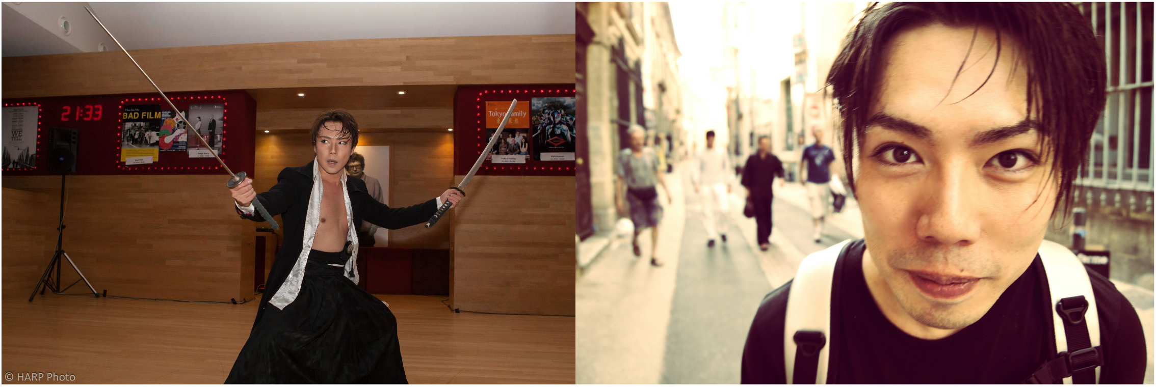(左）オランダ、ロッテルダム「CAMERA JAPAN Festival」でのソロパフォーマンス(2013年)、（右）フランス、アヴィニョンの演劇祭にて（2013年）