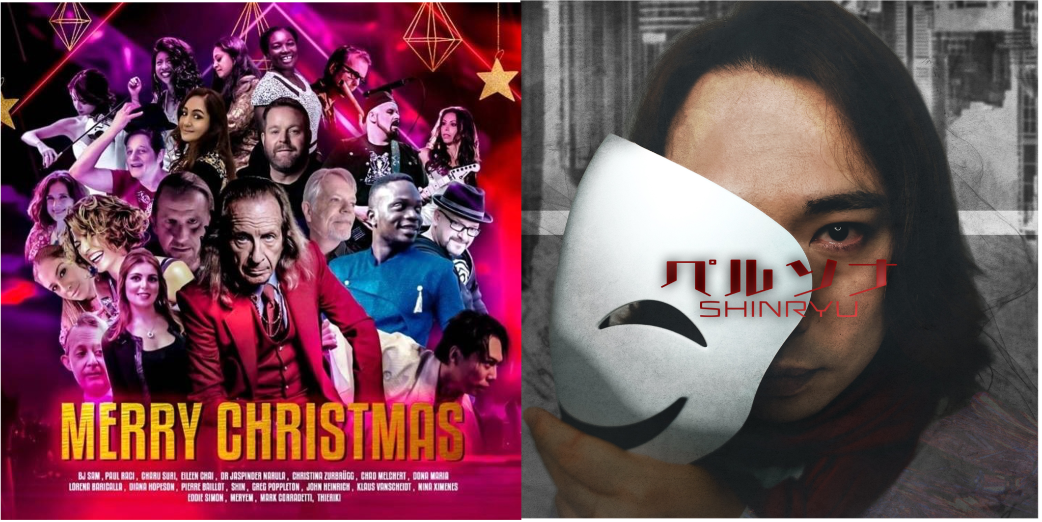 （左）全世界プロジェクト「Merry Christmas」より（前から2番⽬、Paul Raciの右隣）、（右）4枚⽬シングル「ペルソナ」より