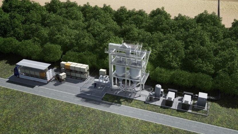 【図２．陸上給餌設備】 陸上給餌設備は、コンプレッサー、 飼料を入れるサイロ等から構成される