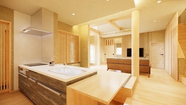 段差を生かし、調理する人と食事をする人が一体となる食空間「和厨」