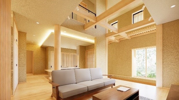 古民家の雰囲気を醸す、ろくろ丸太の　通し柱を配置した吹き抜け空間