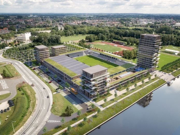 新スタジアムイメージ。ホテルやオフィス等の商業施設、マンションを併設する現代的な複合型スタジアムを建設する計画