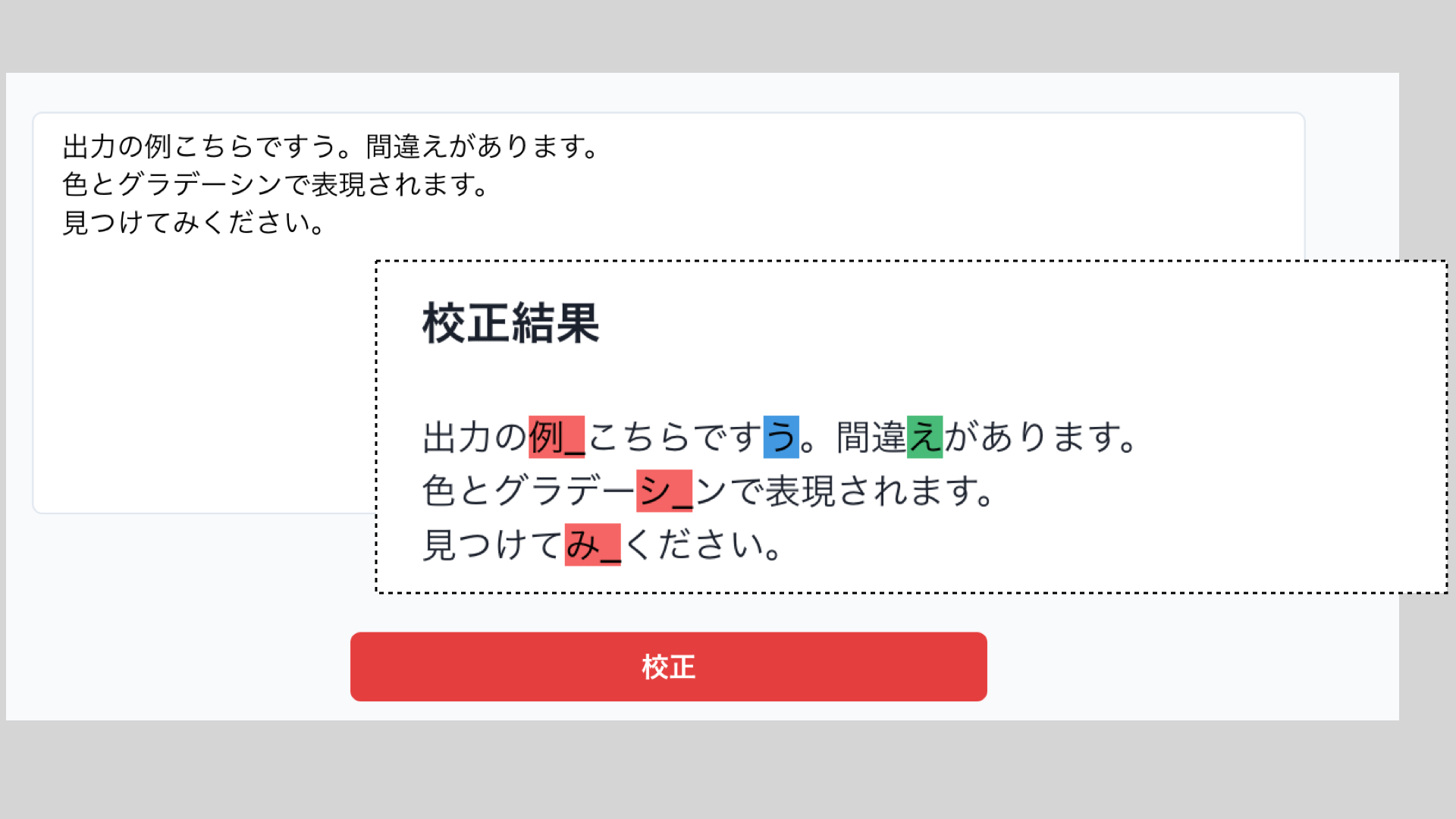 TyEによる校正支援の例。画像中、赤が挿入、青が削除、緑が置換を示す