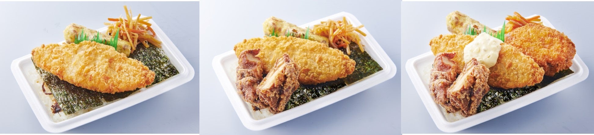 左からのり弁299円(税込322円)、天才のり弁399円(税込430円)、タルタルデラックスのり弁529円(税込571円)