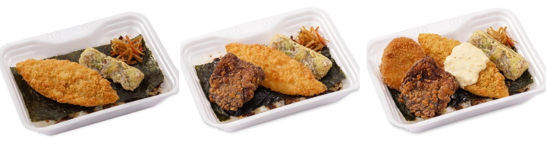 左からのり弁299円(税込322円)、天才のり弁399円(税込430円)、タルタルデラックスのり弁529円(税込571円)