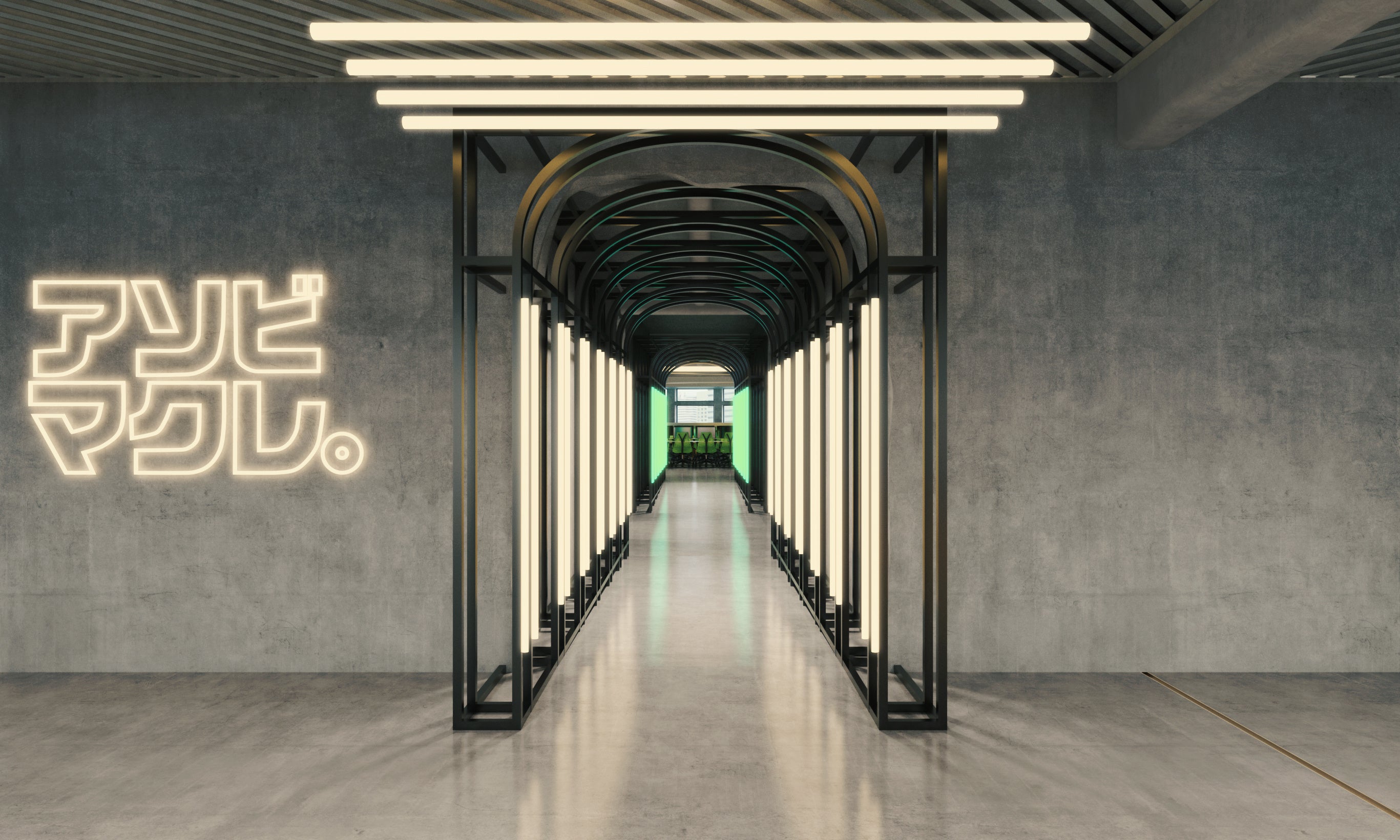 eスポーツ学習スペースと中央高等学院渋谷原宿校の学習スペースを結ぶ未来を予感させる廊下