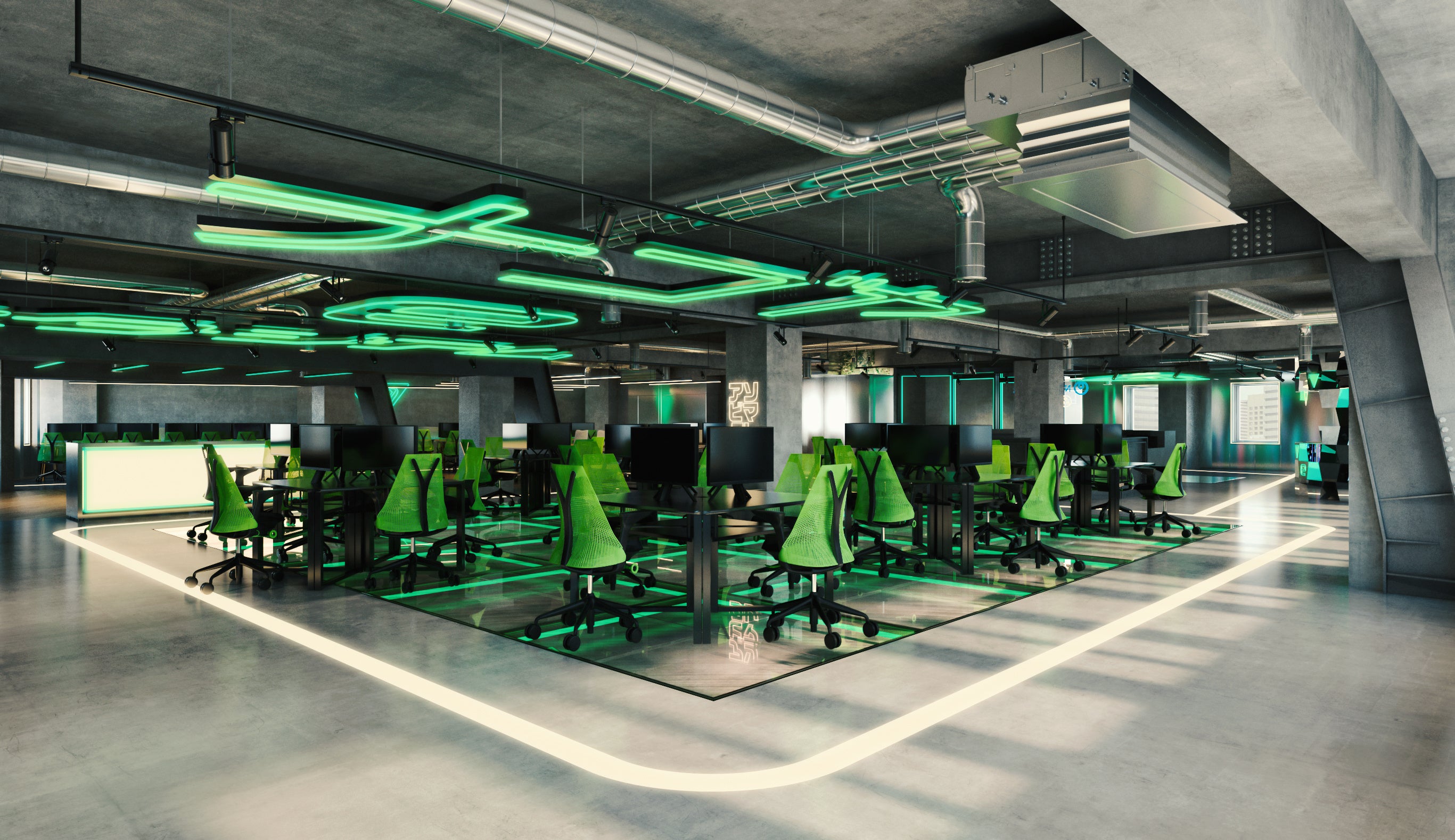 ハイスペックゲーミングPCを1人1台使用できる環境・象徴的なネオンと内装