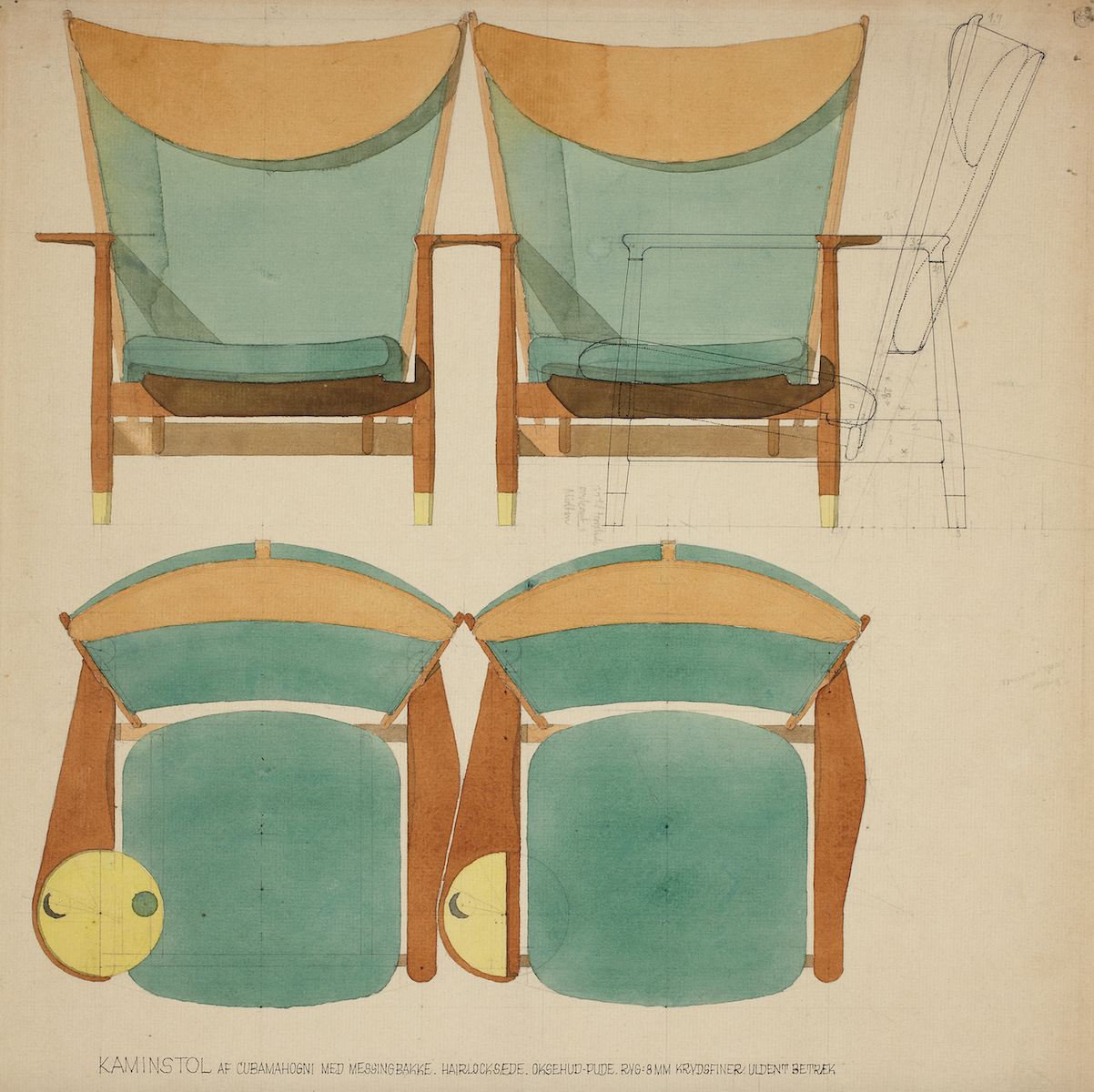 フィン・ユールの1948年オリジナルの水彩画。 左右の肘掛けが非対称であるため、2脚の椅子が 完全にぴったり合うことが描かれています。