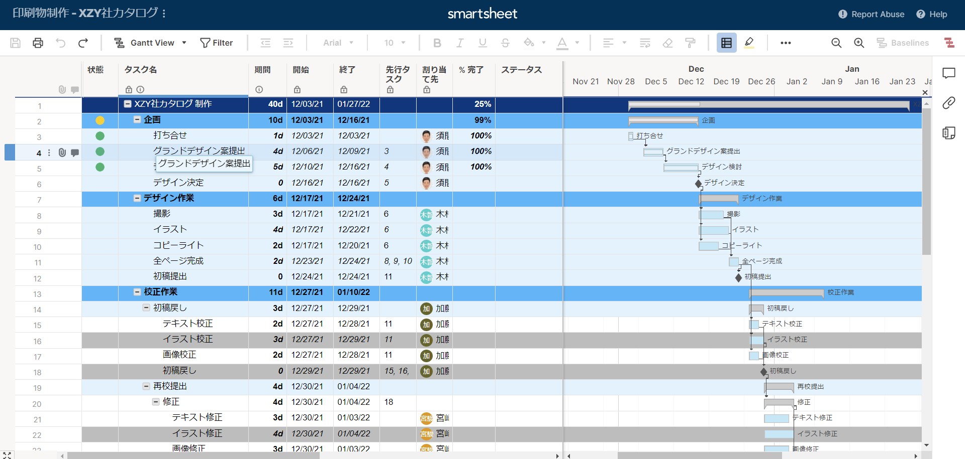 印刷物制作ガント表示