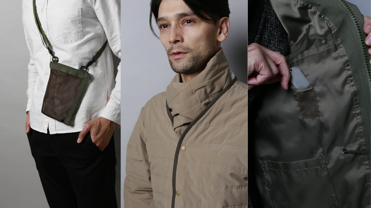 ③（左、真ん中）アウトドアで使えるサコッシュ、高機能中綿製ライナーや襟にしまえるマフラーなどが全てセットに　④（右）ウェストを調整できるドローコードは、250kgの耐荷重をもつ米軍納品実績のあるパラシュートコード5色からセレクトオーダー