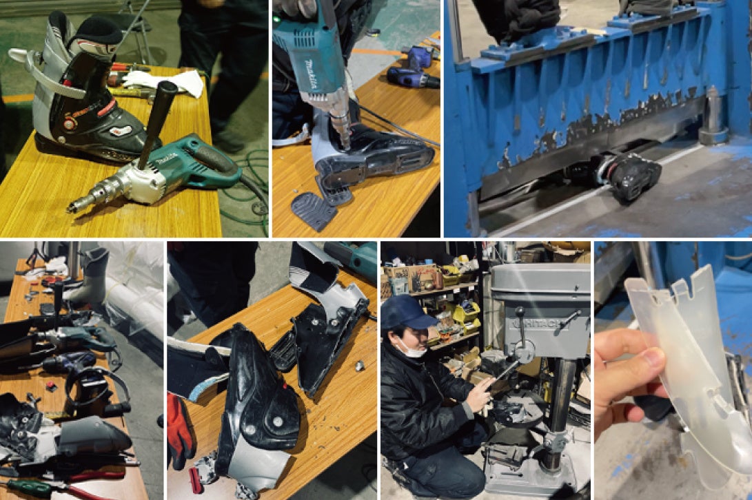 スキーブーツを分解してプラスチック素材の選別作業