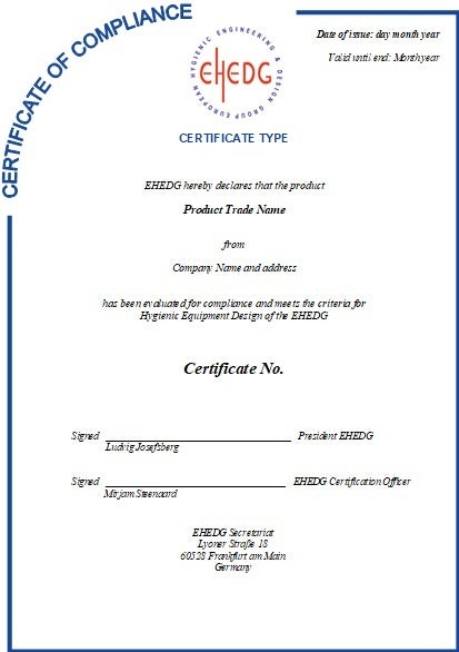 ＜EHEDG適合証明書の例（提供：（一社）日本食品機械工業会 ）＞