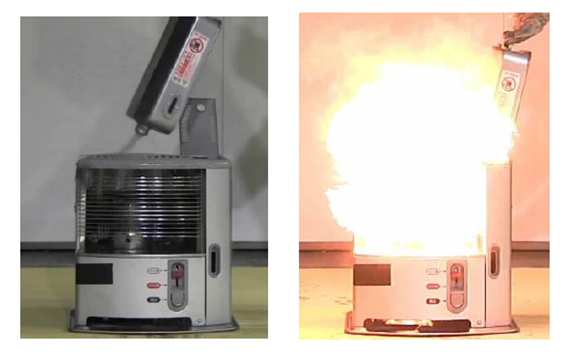 ▲漏れた灯油に引火し燃え上がる様子