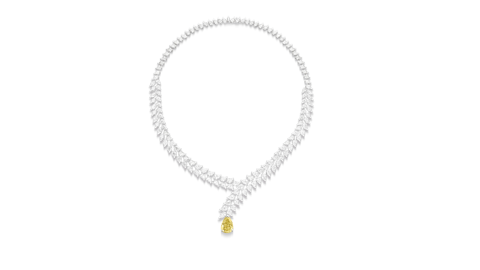 「ウィングス オブ ライト」 ハイジュエリーネックレス  18KWG、ラウンドカットダイヤモンド16個（約0.53ct） ペアシェイプカットダイヤモンド130個（約44.28ct） ファンシービビッド イエロー ペアシェイプカットダイヤモンド約6.46ct