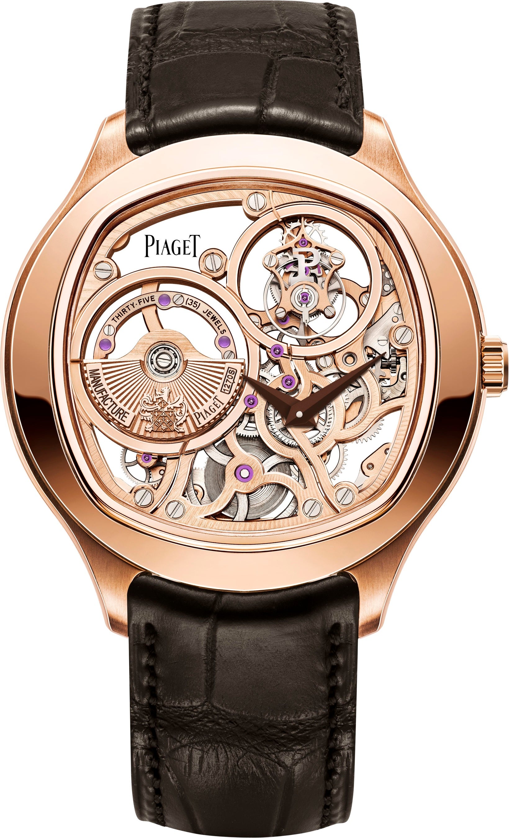 「ピアジェ ポロ エンペラドール トゥールビヨン」ウォッチ  46.5mm×8.85mm、18KPGケース、1270Sピアジェ自社製薄型自動巻スケルトントゥールビヨンムーブメント、アリゲーターストラップ