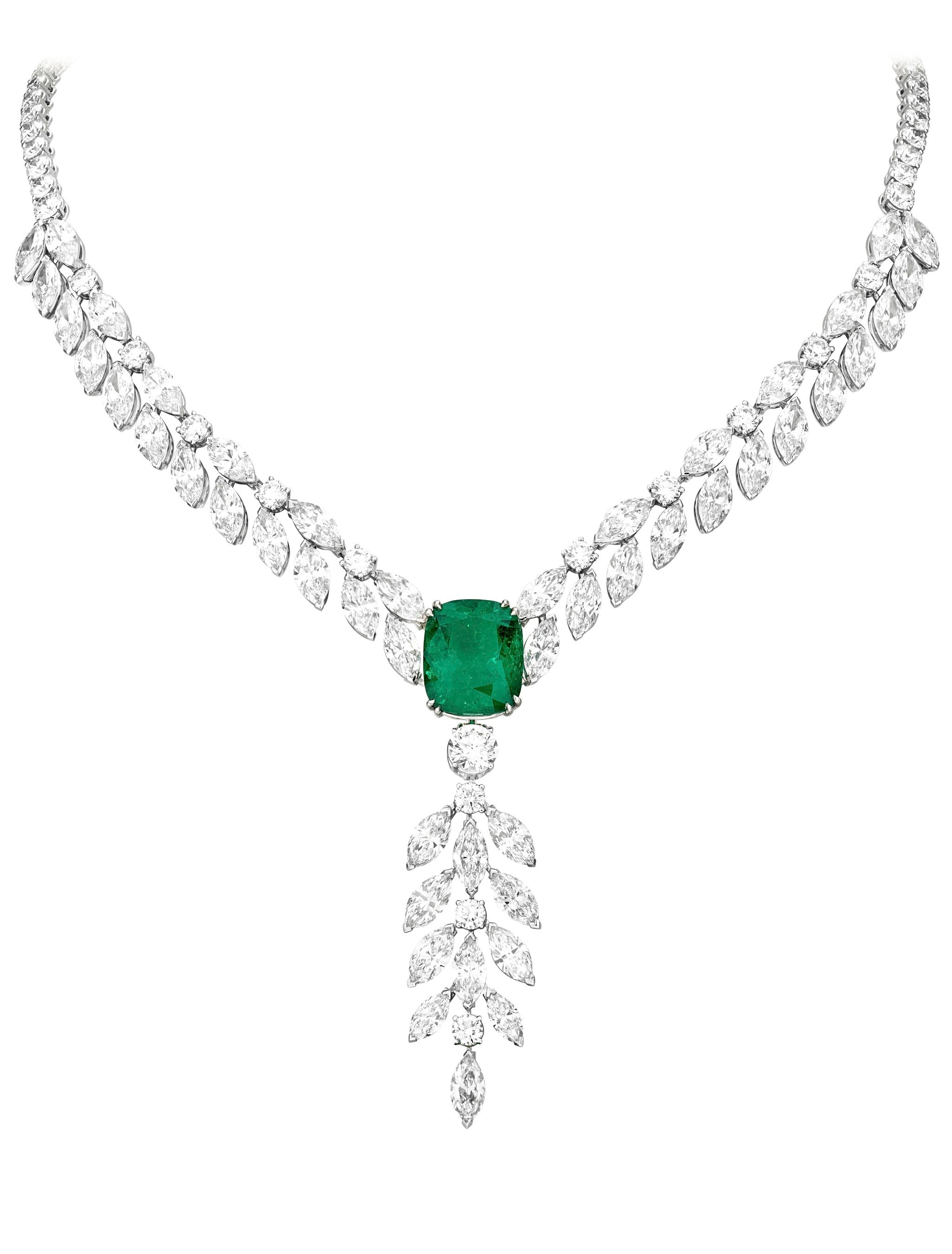 「ライムライト」ハイジュエリーネックレス　18KWG、クッションカットグリーンエメラルド約12.20ct、ラウンドブリリアントカットダイヤモンド約1.02ct、ダイヤモンド計約46.57ct