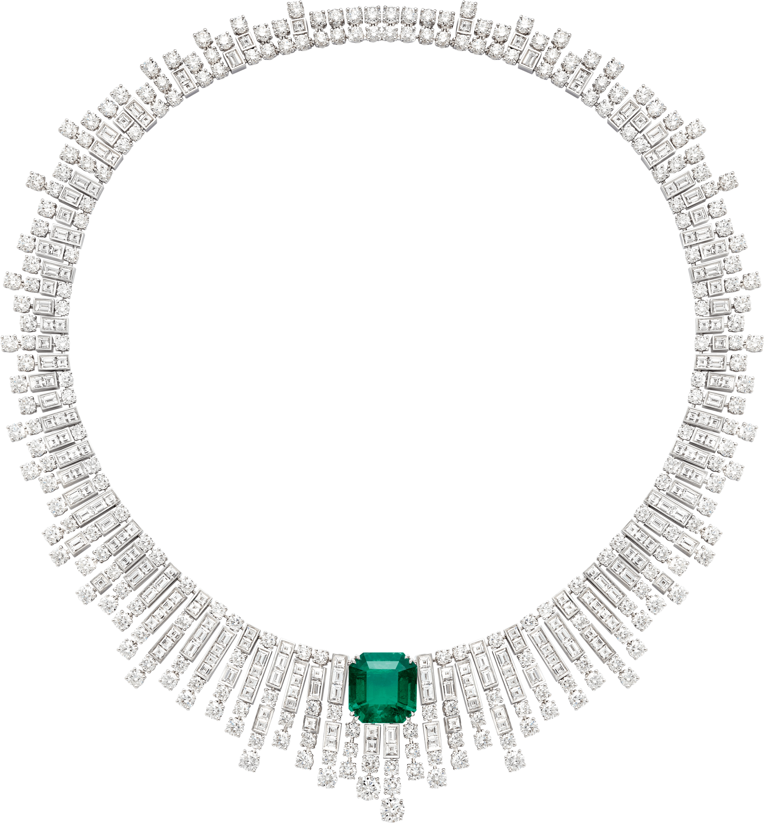 「サンライト エスケープ」ハイジュエリーネックレス  18KWG、コロンビア産エメラルド約13.20ct、ダイヤモンド約51.33ct