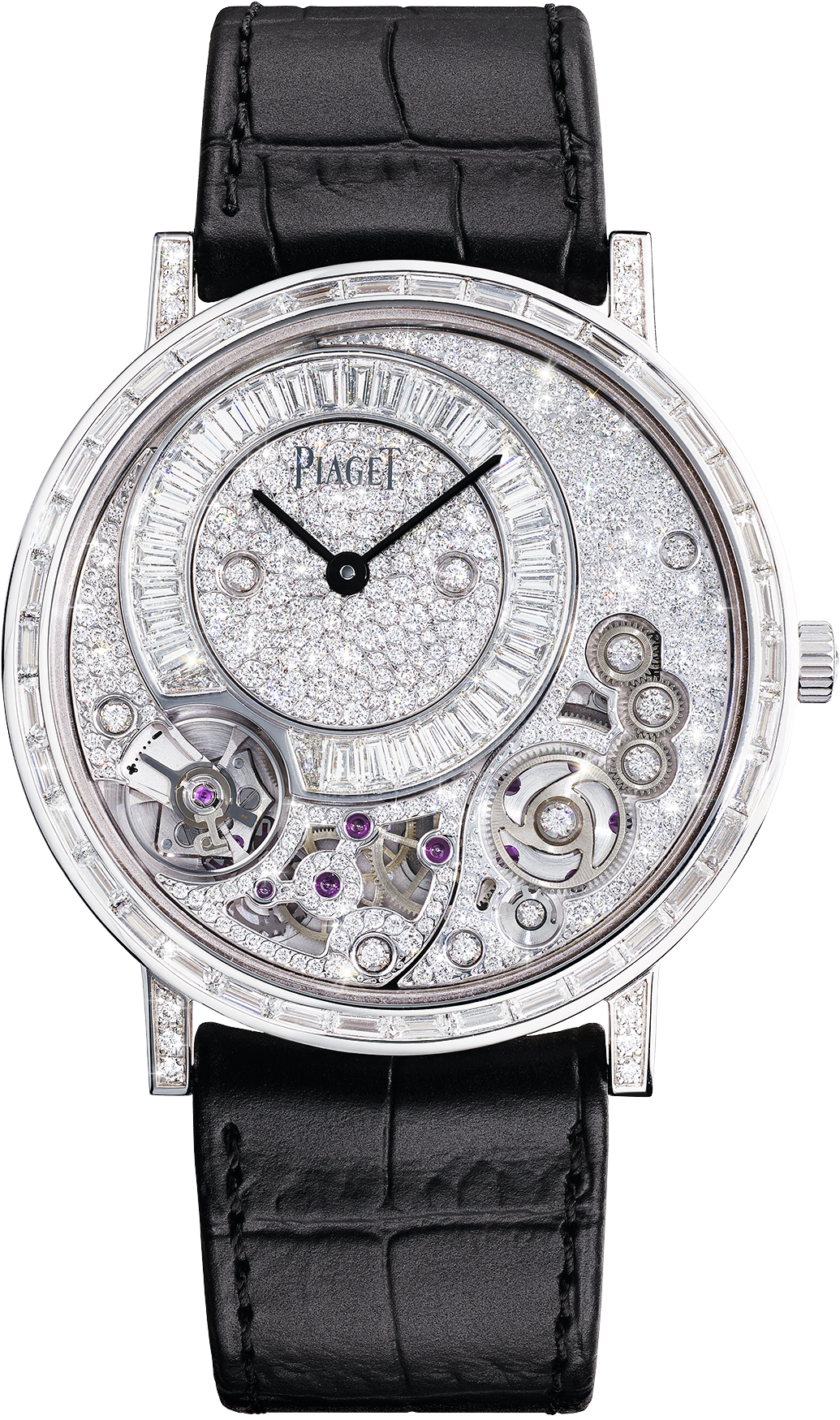 アルティプラノ アルティメート ハイジュエリー ウォッチ ケース径38mm、18Kホワイトゴールド製ケース、ダイヤモンド計約5.83ct、ピアジェ自社製薄型手巻ムーブメント、アリゲーターストラップ