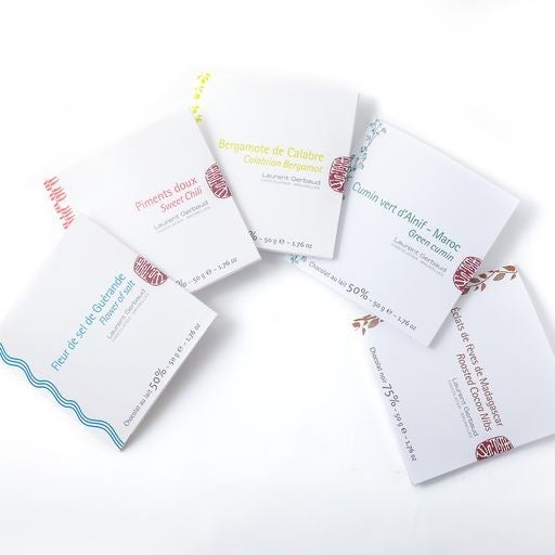 グリーンクミン、ベルガモット、カカオニブ、スィートチリ、フルルー ドセル（ソルト）の５枚セット