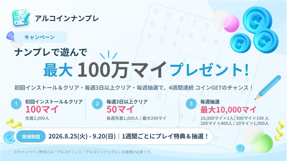 アルコインナンプレで最大100万コイン!クリア&抽選キャンペーン開催 アルコインナンプレで最大100万コイン!クリア&抽選キャンペーン開催