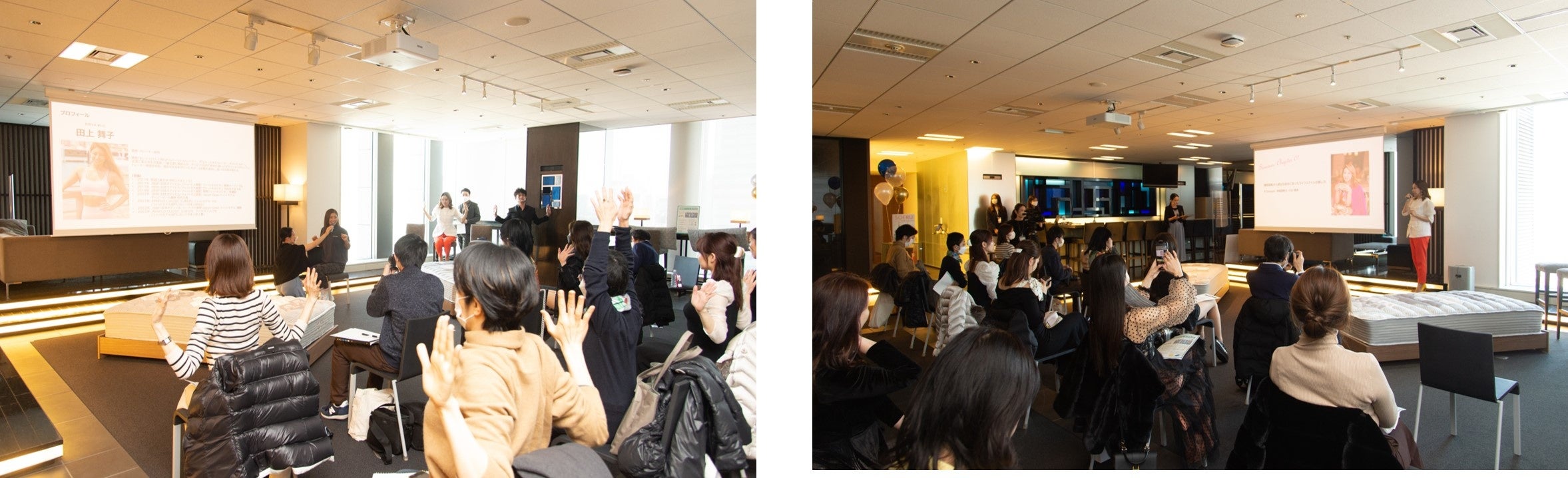 左：骨格タイプ別のオススメ筋トレ方法を体験　右：セミナーを受講