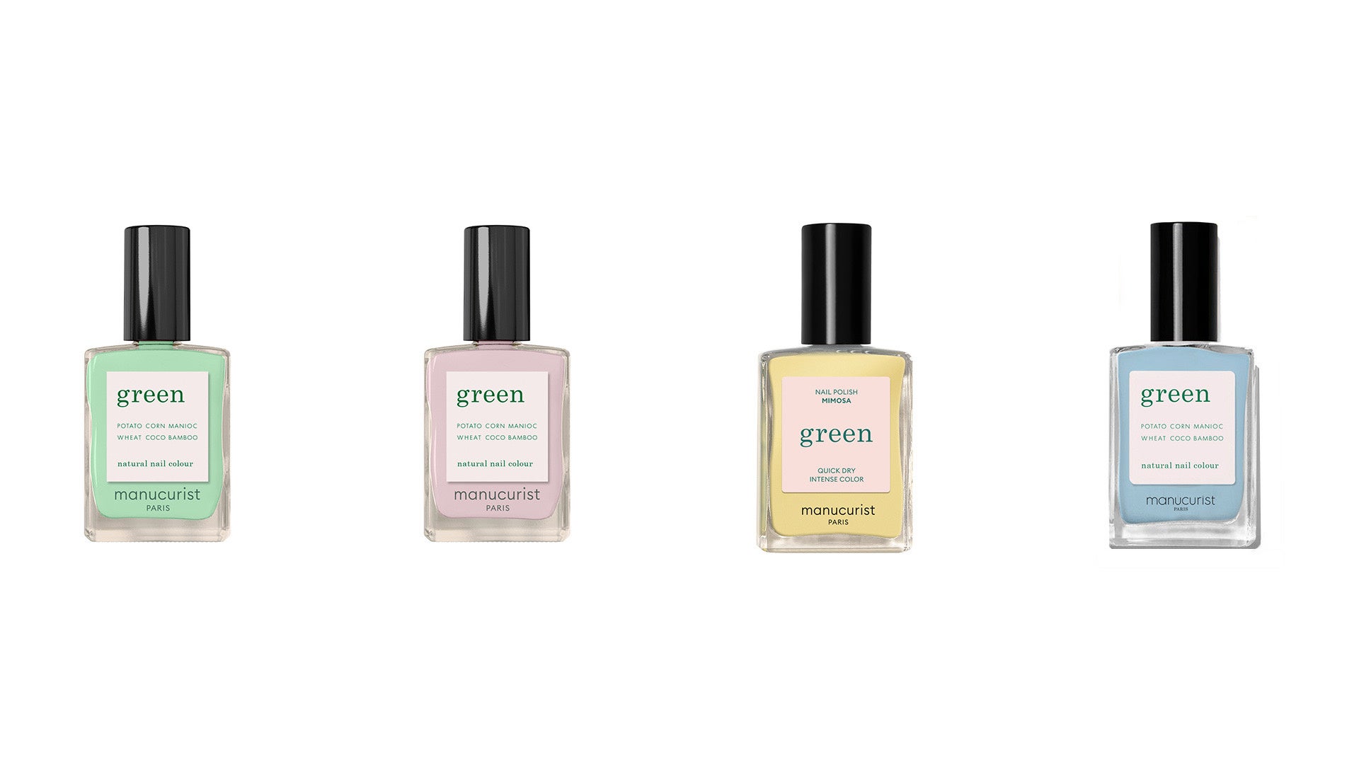 グリーンナチュラル ネイルカラー「Amande（アマンド）」「Blossom（ブロッサム）」「Mimosa（ミモザ）」「Light Blue（ライトブルー）」15mL¥2,970（税込）