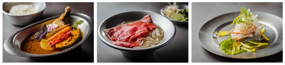 下北沢ポニピリカの濃厚海老のスープカレー／和牛のフォー／九条ネギと白姫えびのアジアンカルパッチョ